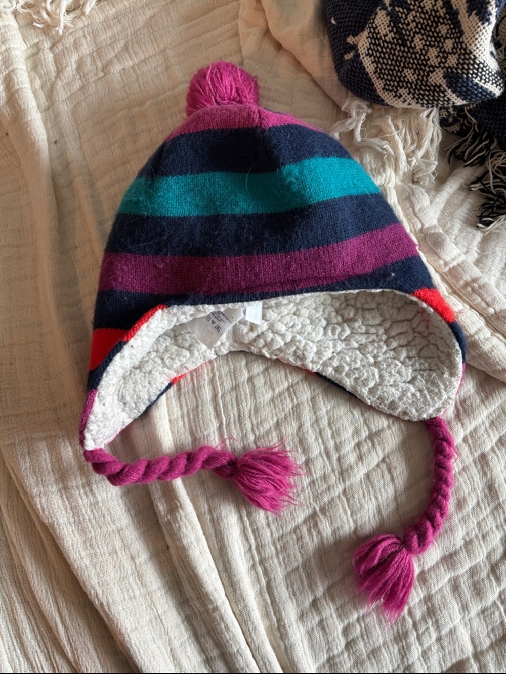 Kids/Womens Striped Pom-Pom Earflap Hat - Pink, Teal & Navy